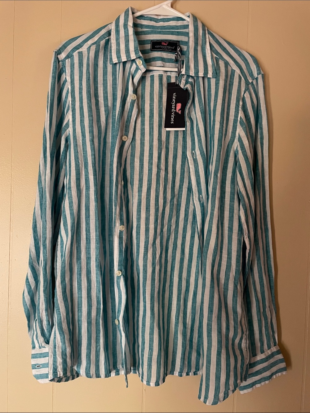 Vineyard Vines Teal and White Striped Linen Button-Down Shirt